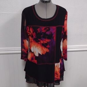 Elegant Floral Women's Blouse - Black and Orange